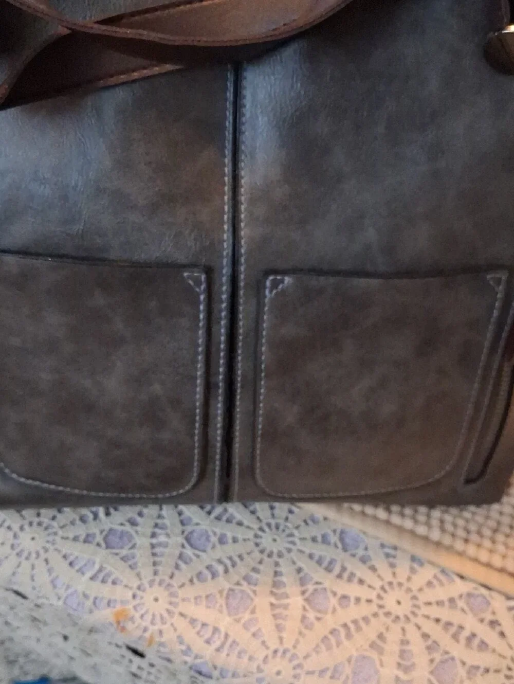 Professional Gray Faux-Leather Laptop Tote Bag with Dual Front Pockets